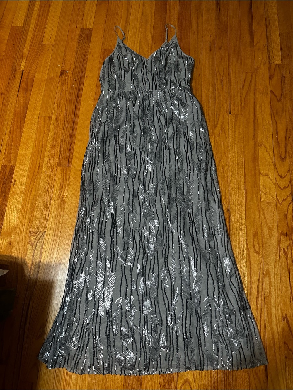 Silver Sequin V-Neck Evening Gown
